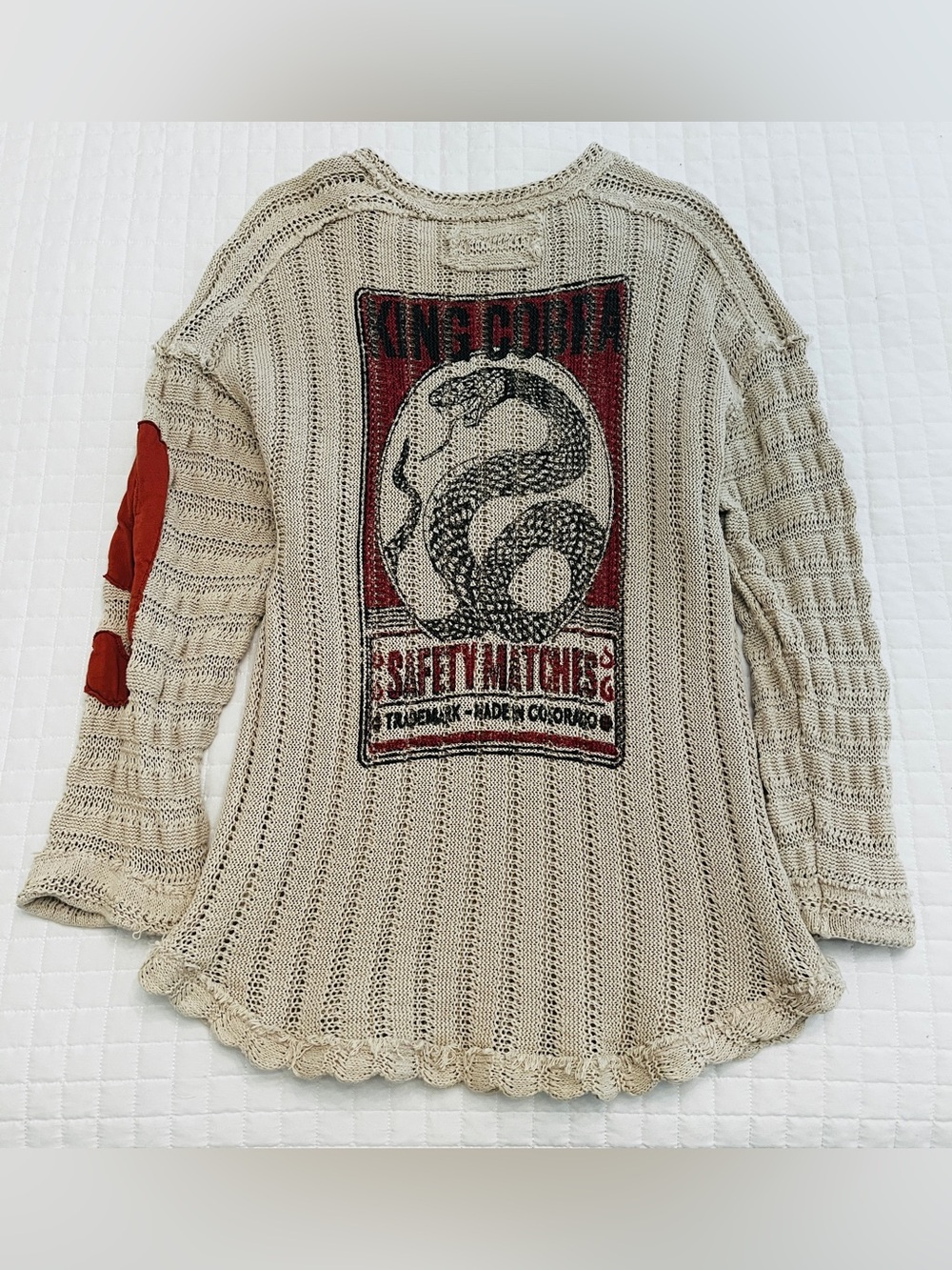 We The Free Cream Knit Long Sleeve Sweater with Red Graphic Snake Patch Size S